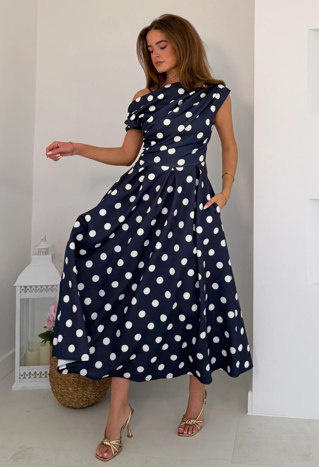 Betty Asymmetric Polka Dot Midi Dress