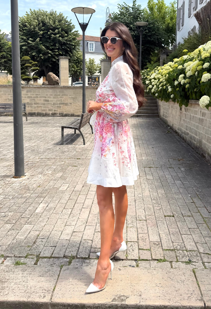 Floral and Diamante Belted Short Dress