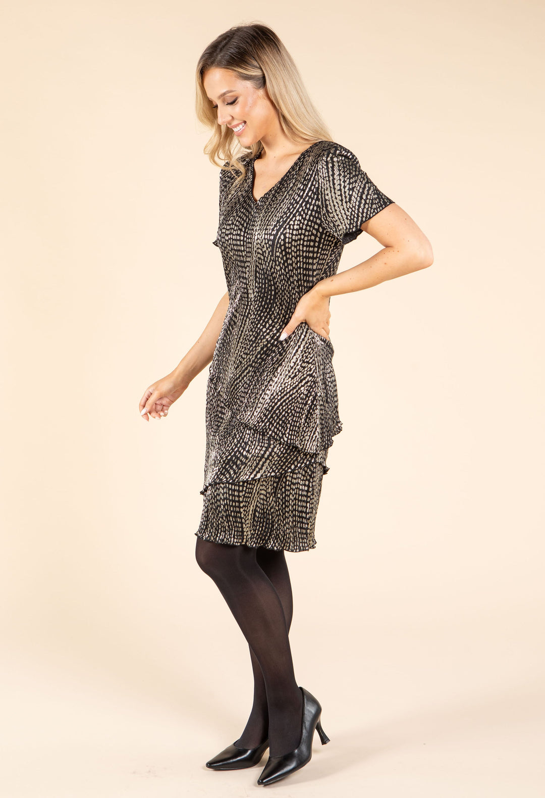 Gold Foil Detail Asymmetrical Tiered Plisse Dress