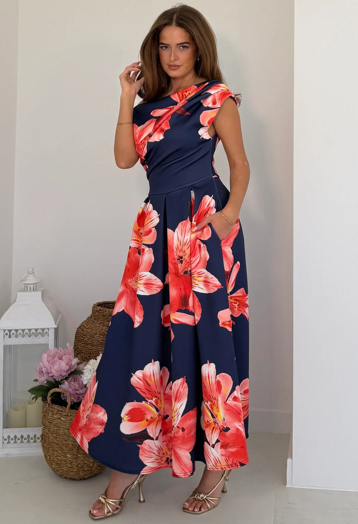 Betty Asymmetric Floral Print Midi Dress