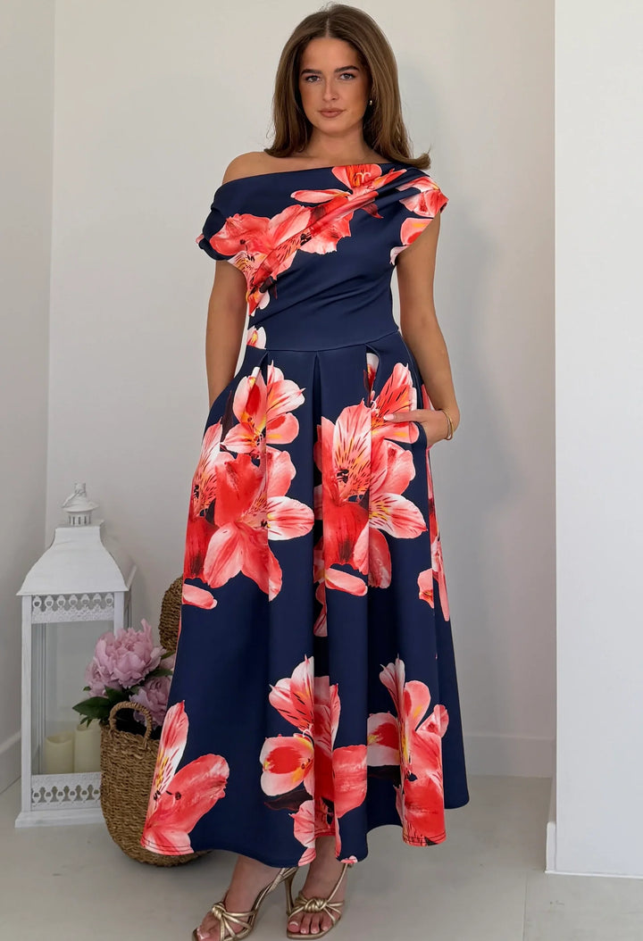 Betty Asymmetric Floral Print Midi Dress