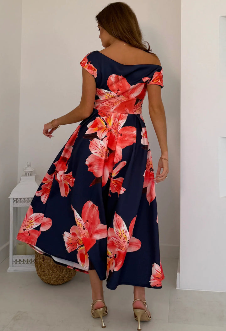 Betty Asymmetric Floral Print Midi Dress