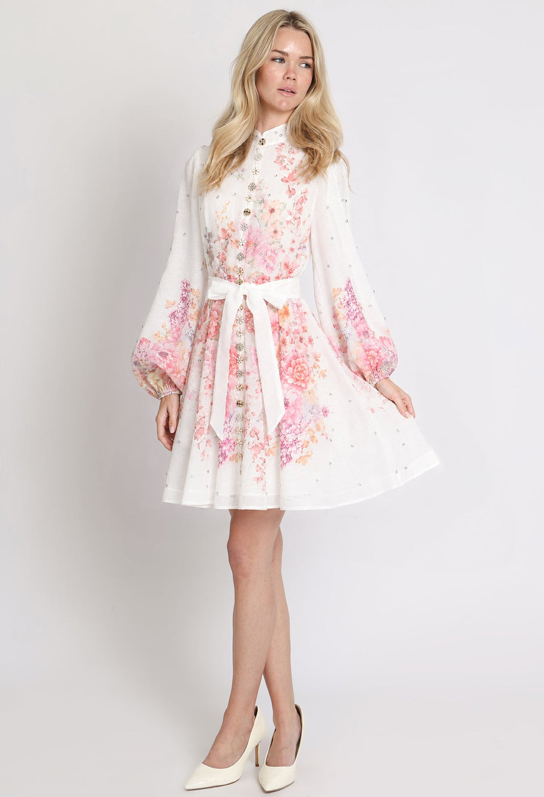 Floral and Diamante Belted Short Dress