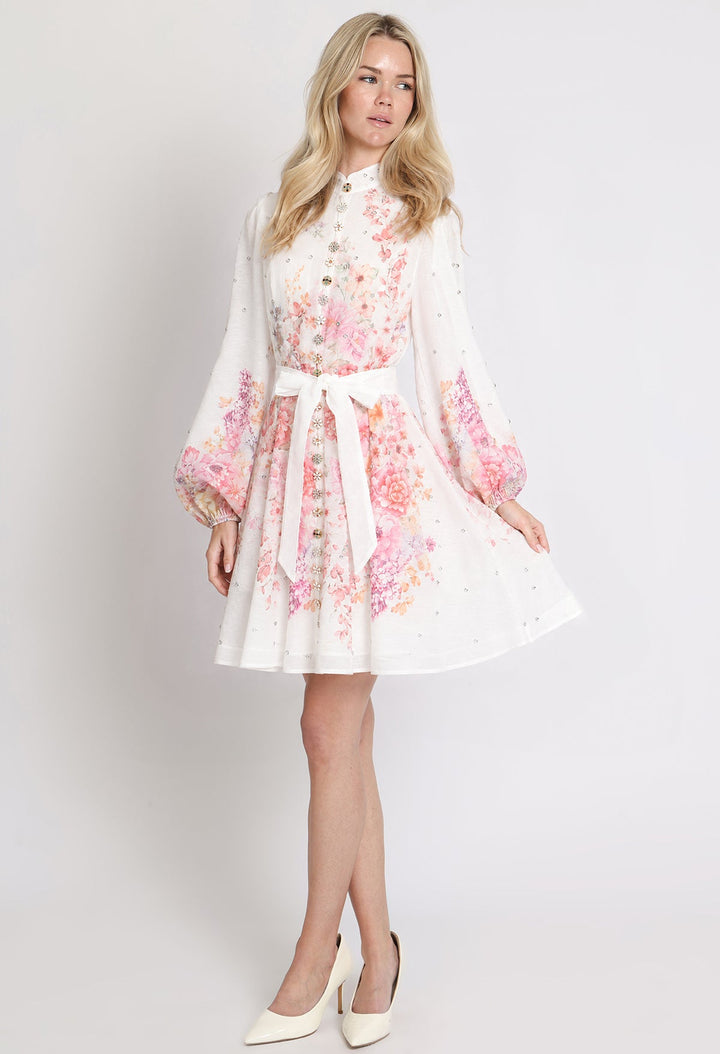 Floral and Diamante Belted Short Dress