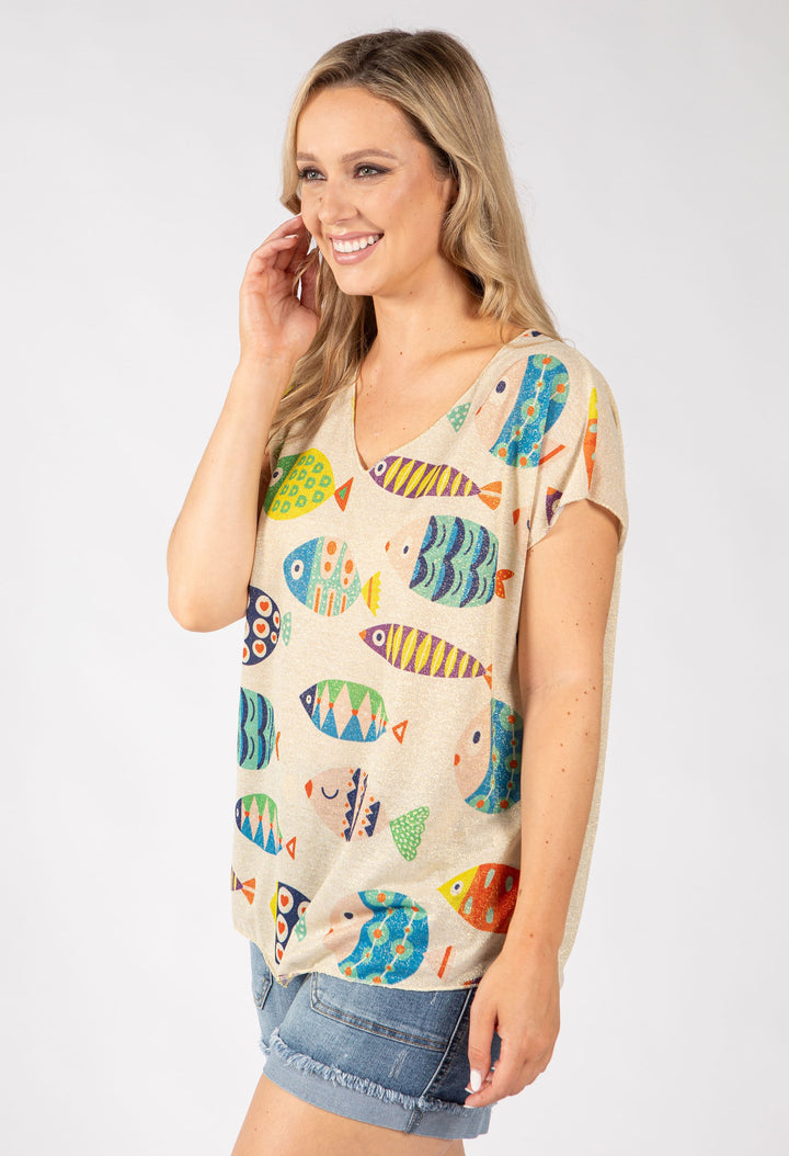 Fish Print Lurex Knit Top