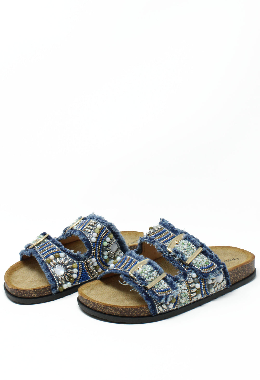 Denim Beaded Double Strap Sandal