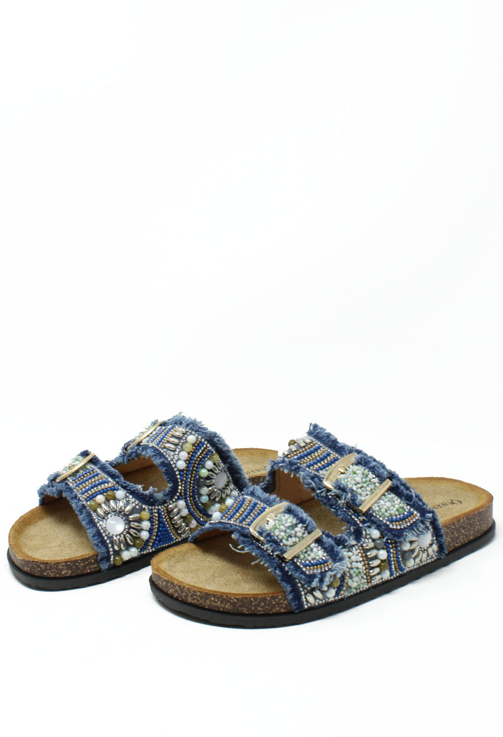 Denim Beaded Double Strap Sandal